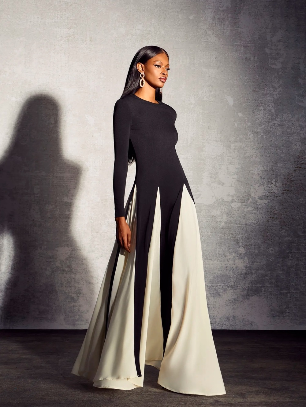 Lela Rose Black and Cream Long-Sleeve Panel Gown